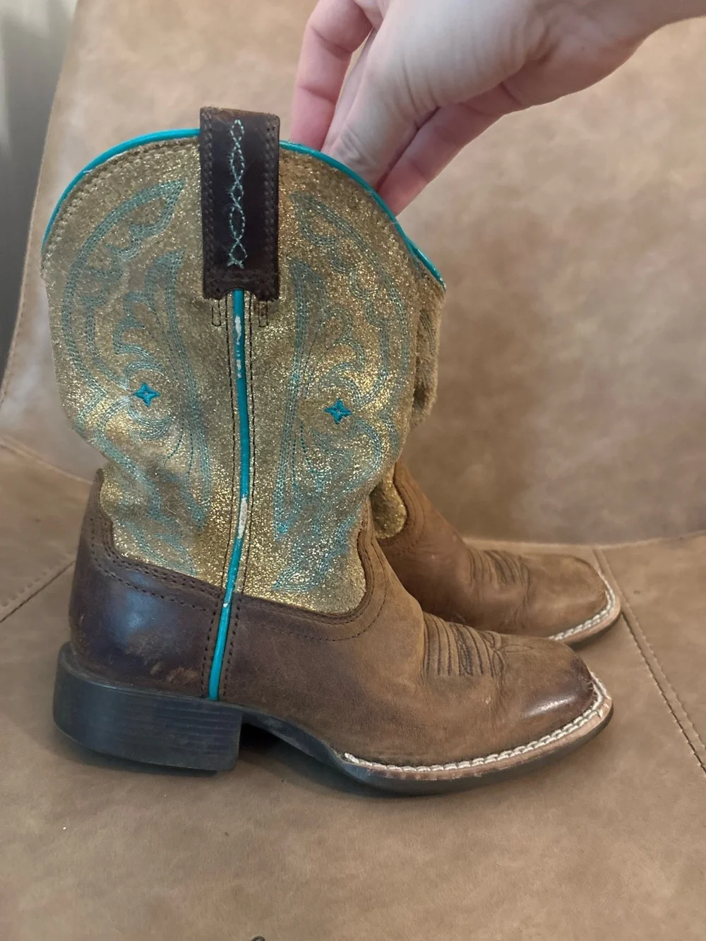 Ariat girls QuickDraw western brown teal boots shoes size 11